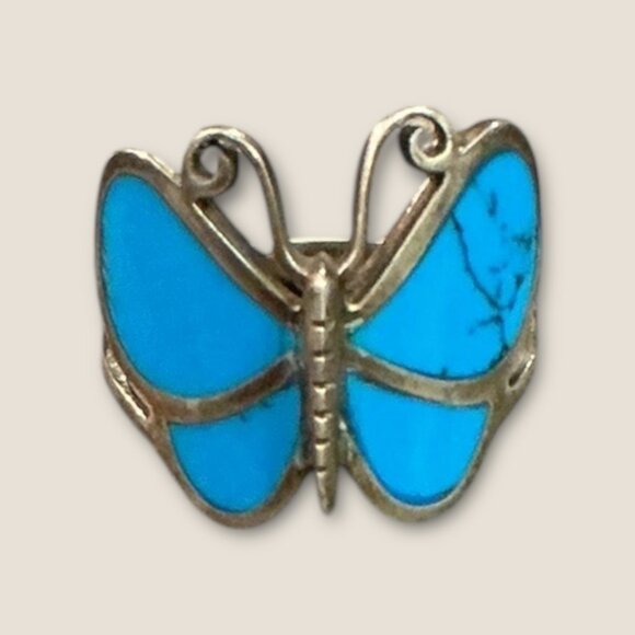 Vintage Sterling Silver Turquoise Inlaid Butterfly Ring Size 10.5 - Picture 2 of 10